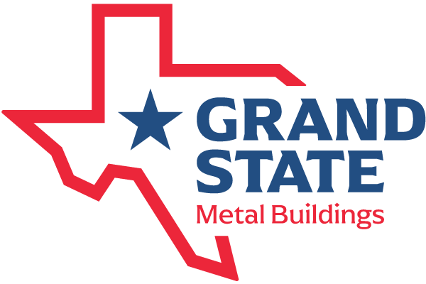 Logo showing red Texas shape, blue star, and Grand State Metal Buildings name in bold blue and red text for branding identity
