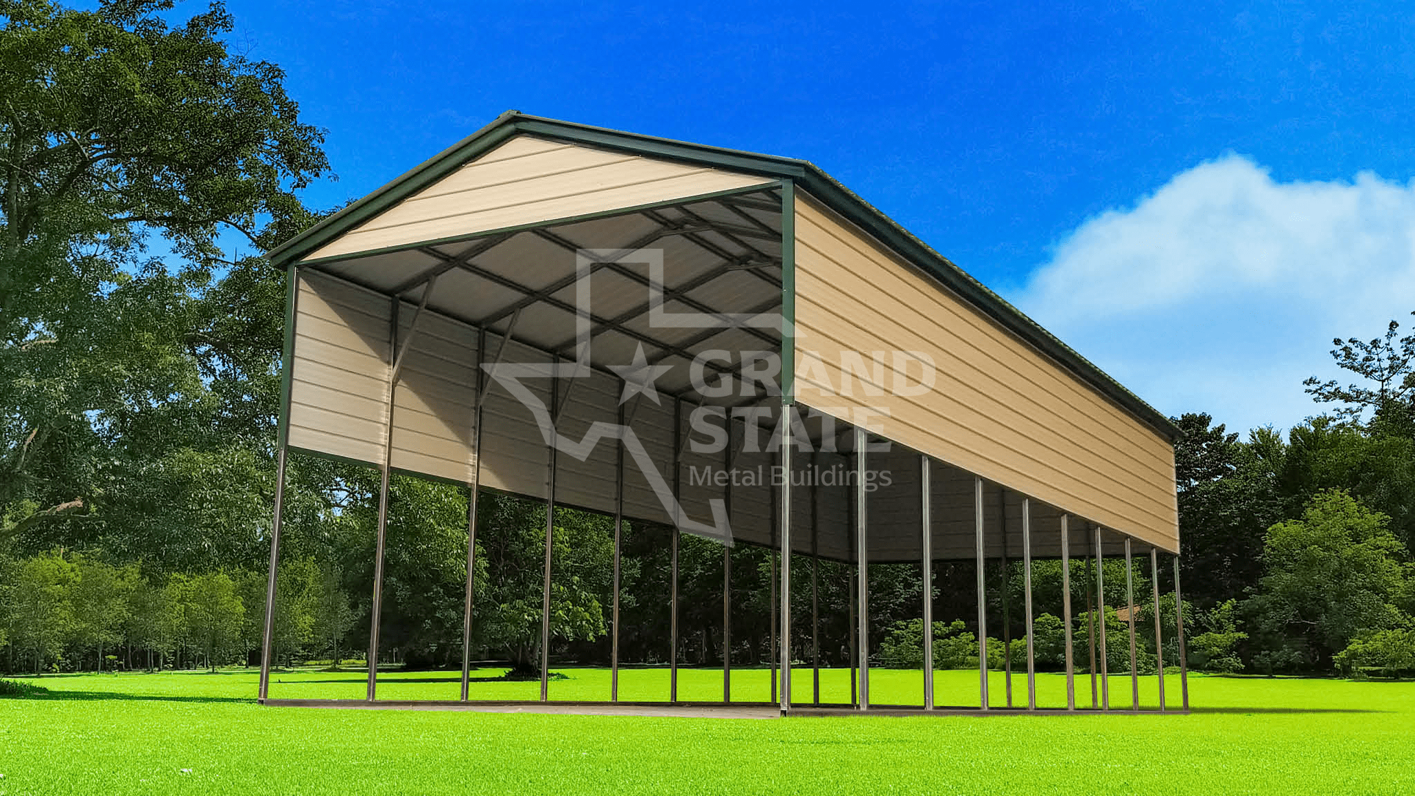 Tall metal RV carport with beige panels and open sides, supported by steel posts on a grassy field.
