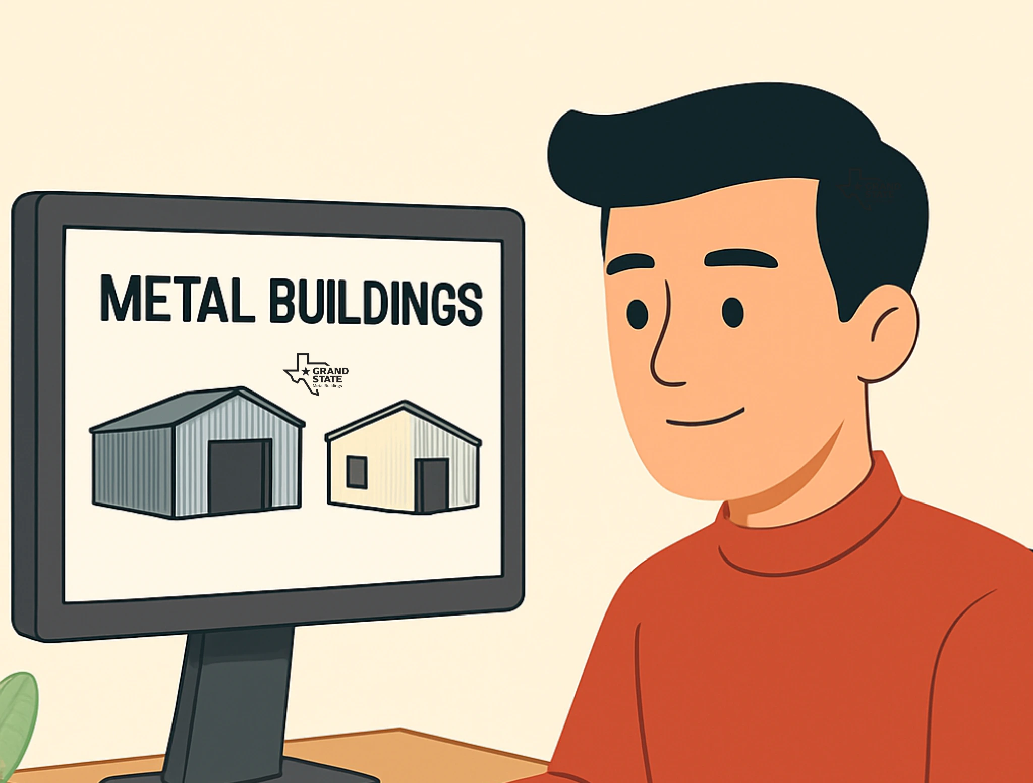 Illustration of a satisfied man at a computer screen comparing two prefab metal building designs side by side.
