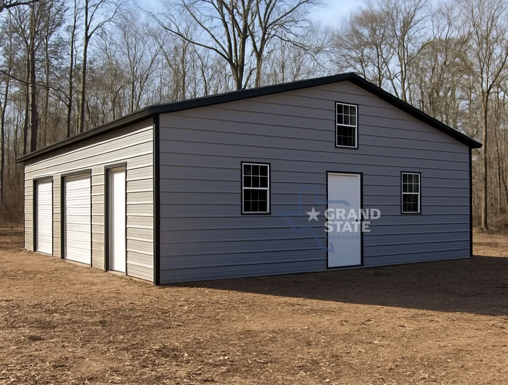 Gray metal building with dark trim, horizontal panels, two roll-up doors, a walk-in door, and four windows on a two-story facade.
