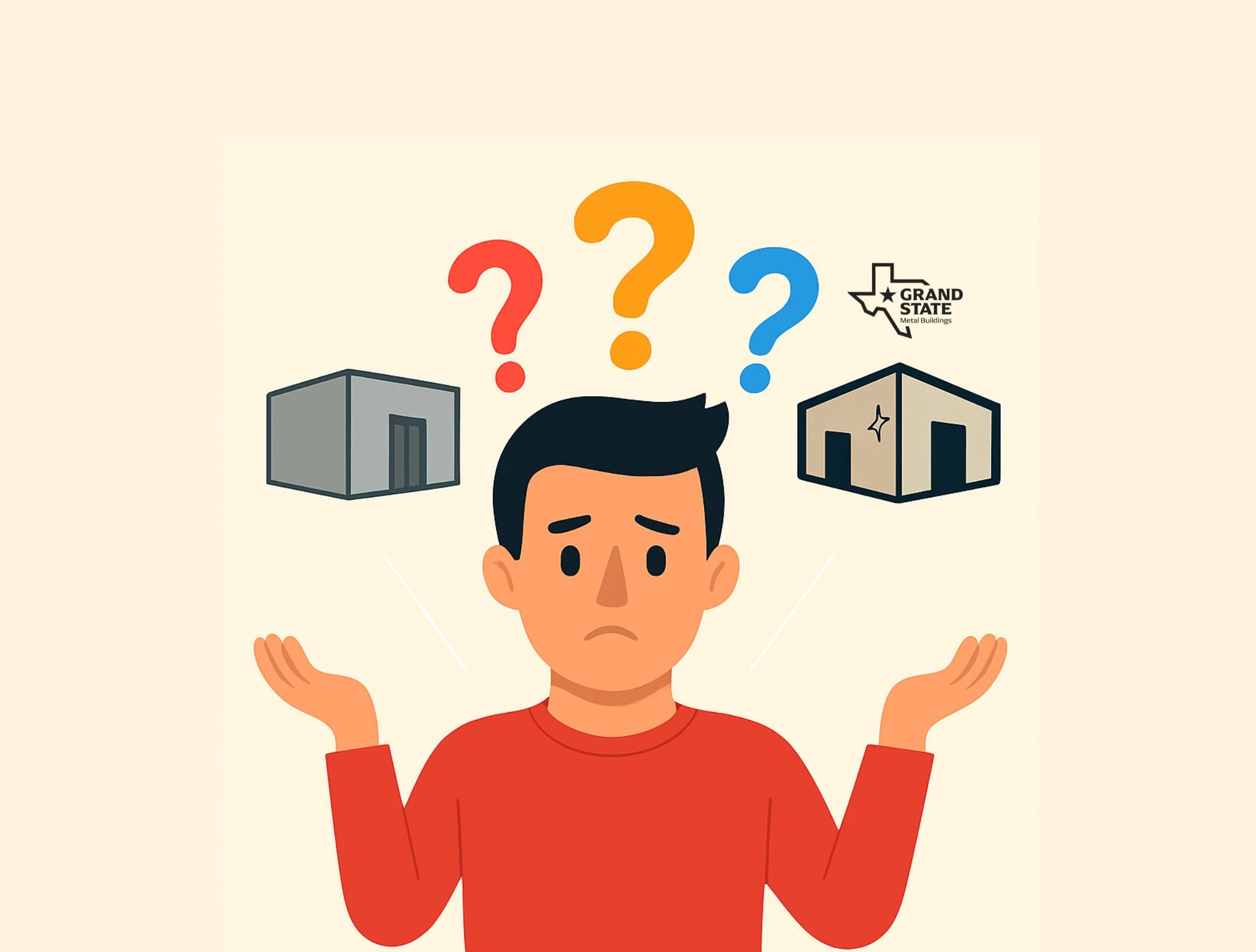 Cartoon man shrugging with question marks above, hesitating between two metal building contractors illustrated on each side.