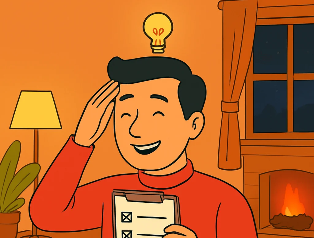 Cartoon man with a light bulb overhead holding a checklist to identify his needs and find the right metal building contractor.