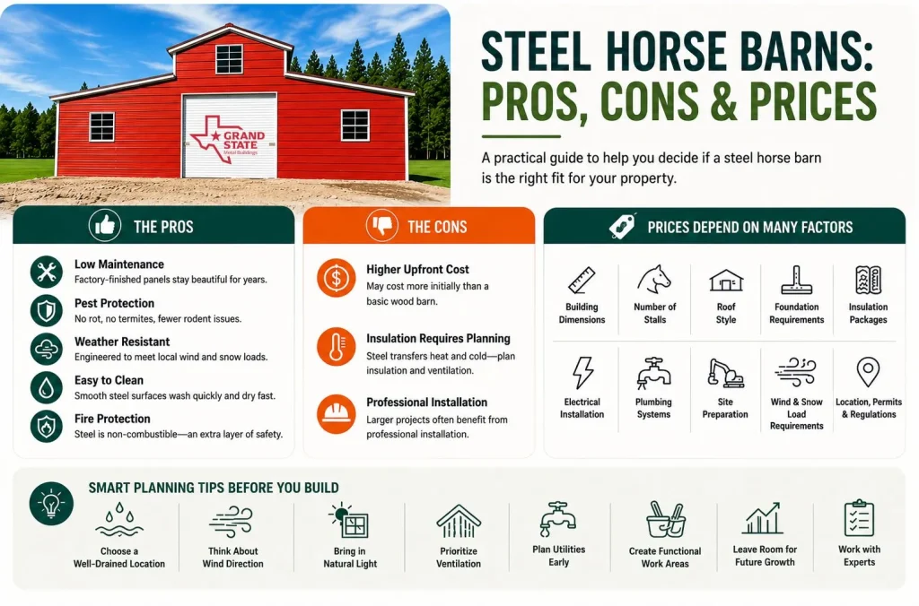 Steel horse barn guide infographic showing pros, cons, price factors, and smart planning tips before building your barn