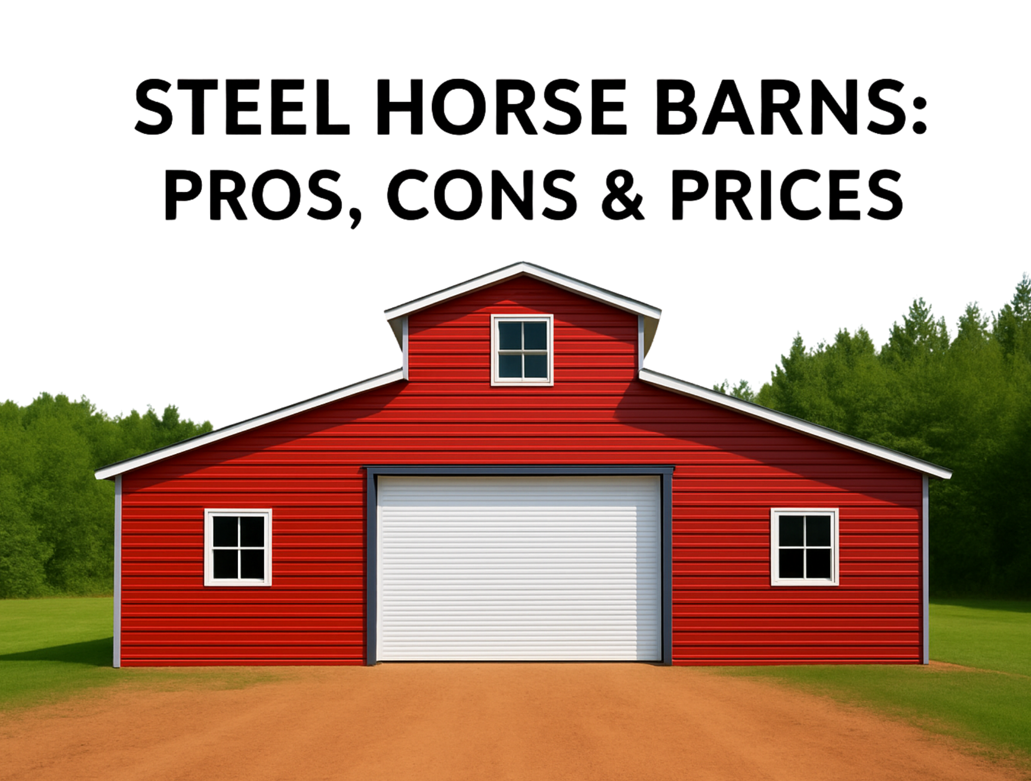 Red steel horse barn with gambrel roof, roll-up door, and windows surrounded by green trees — pros, cons & prices guide